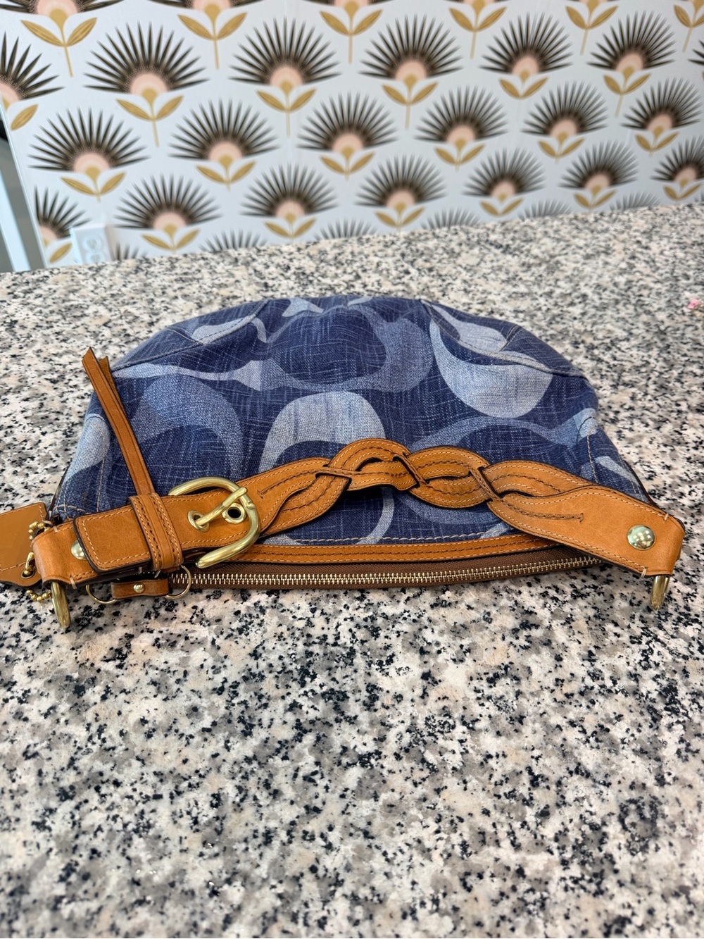 Coach Navy Signature Canvas Shoulder Bag with Tan Leather Trim - Picture 2 of 7